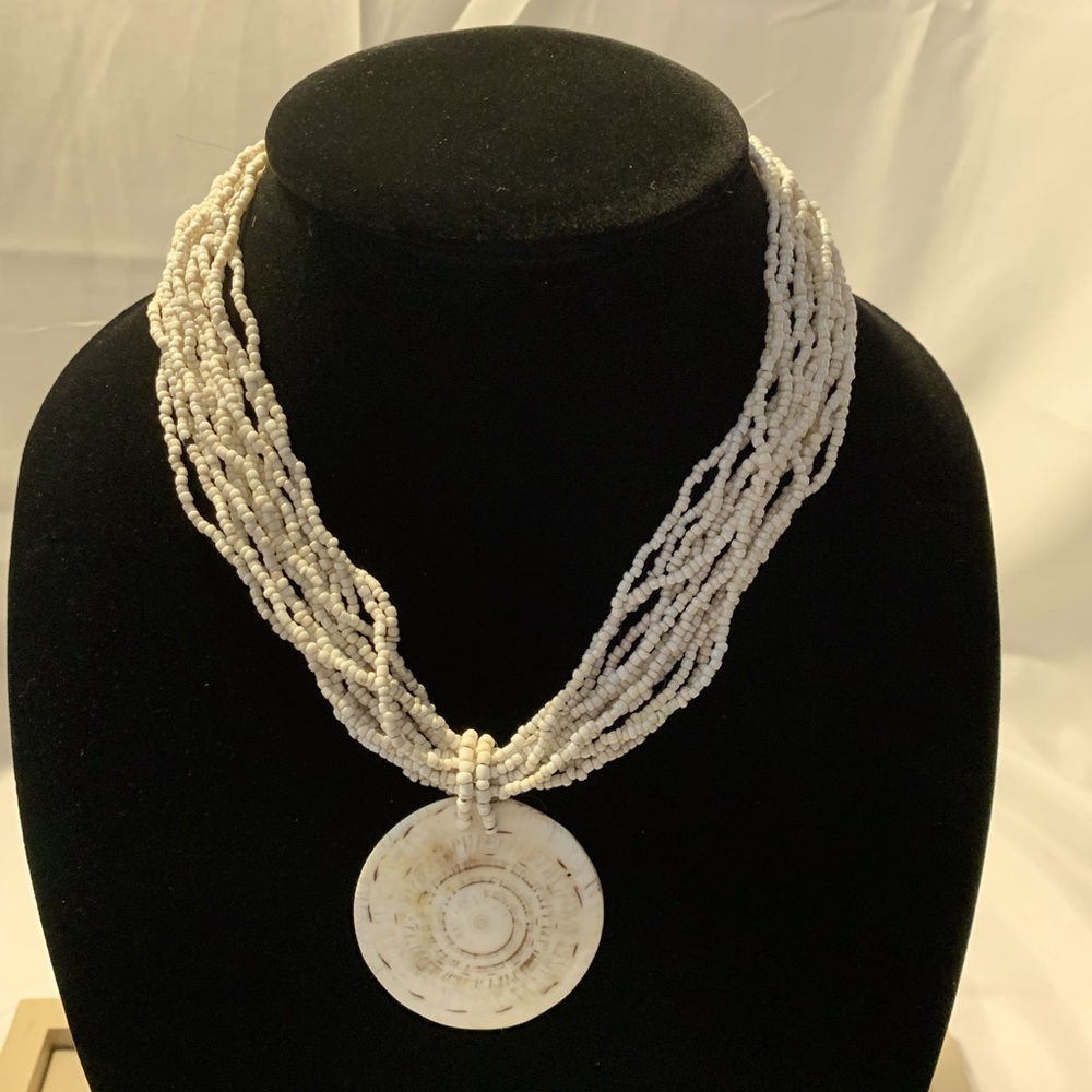 White Beaded Necklace With Stone Disc Pendant